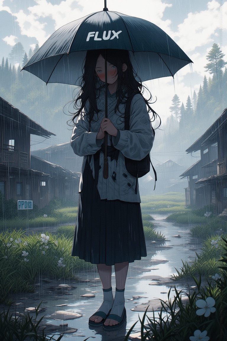 girl with long black hair stands in the countryside,  holding an umbrella as heavy rain pours down around her. She is wear...