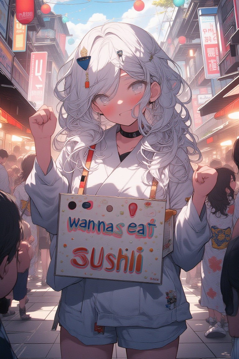 white-haired girl is holding a hand-drawn sign that reads ‘wanna eat sushi’ in playful,  bold letters. She stands with an...