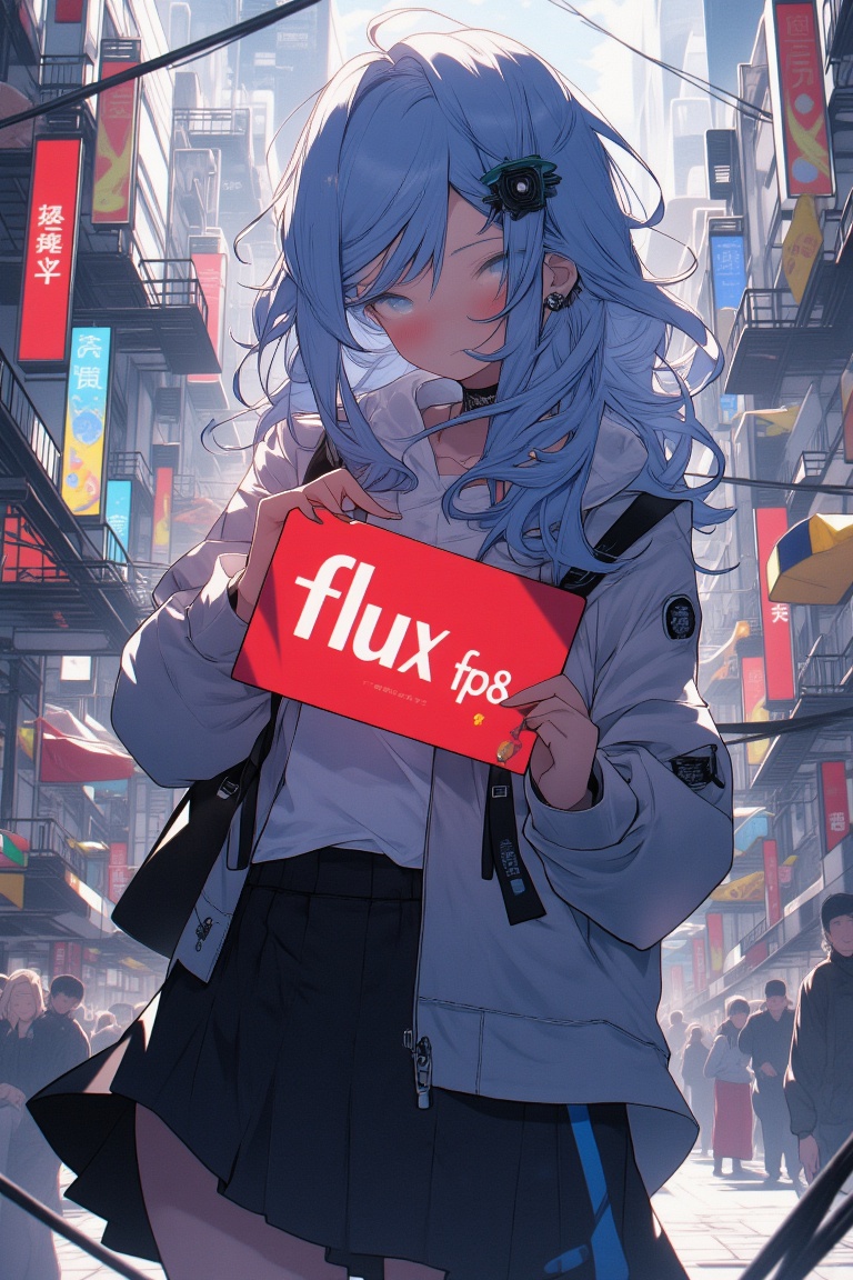 anime girl with vibrant blue hair is looking directly at the viewer with a gentle expression. She stands in the middle of...