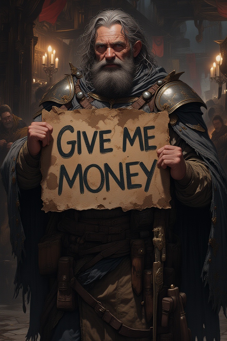A rugged middle-aged adventurer stands holding a hand-made sign that reads ‘Give Me Money’ in bold,  rough letters. The ma...
