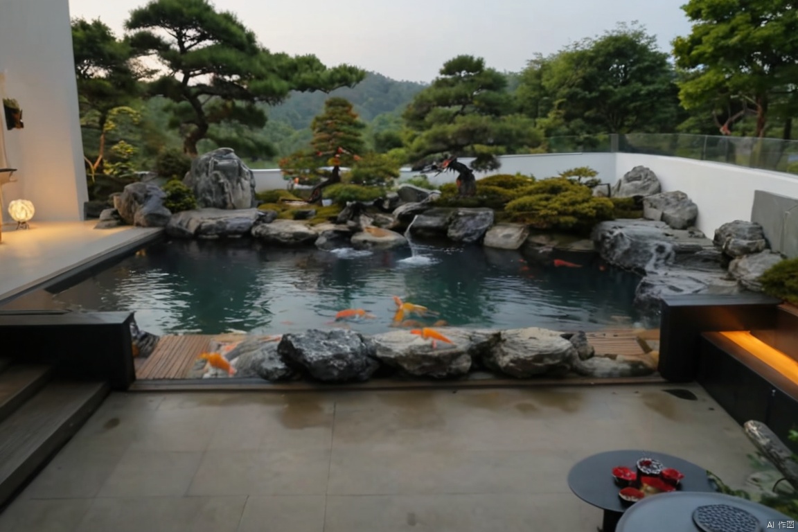 from the side, panoramic view of pond with goldfish swimming in it. The pond is surrounded by a series of gray rocks and has a small waterfall in the middle. Koi fish can be seen swimming in the water through the glass baffle, adding color to the scene. A man wearing a black T-shirt and white pants. The scene features pine trees, mountains, and clear blue skies in the background.现代铺装,现代花园