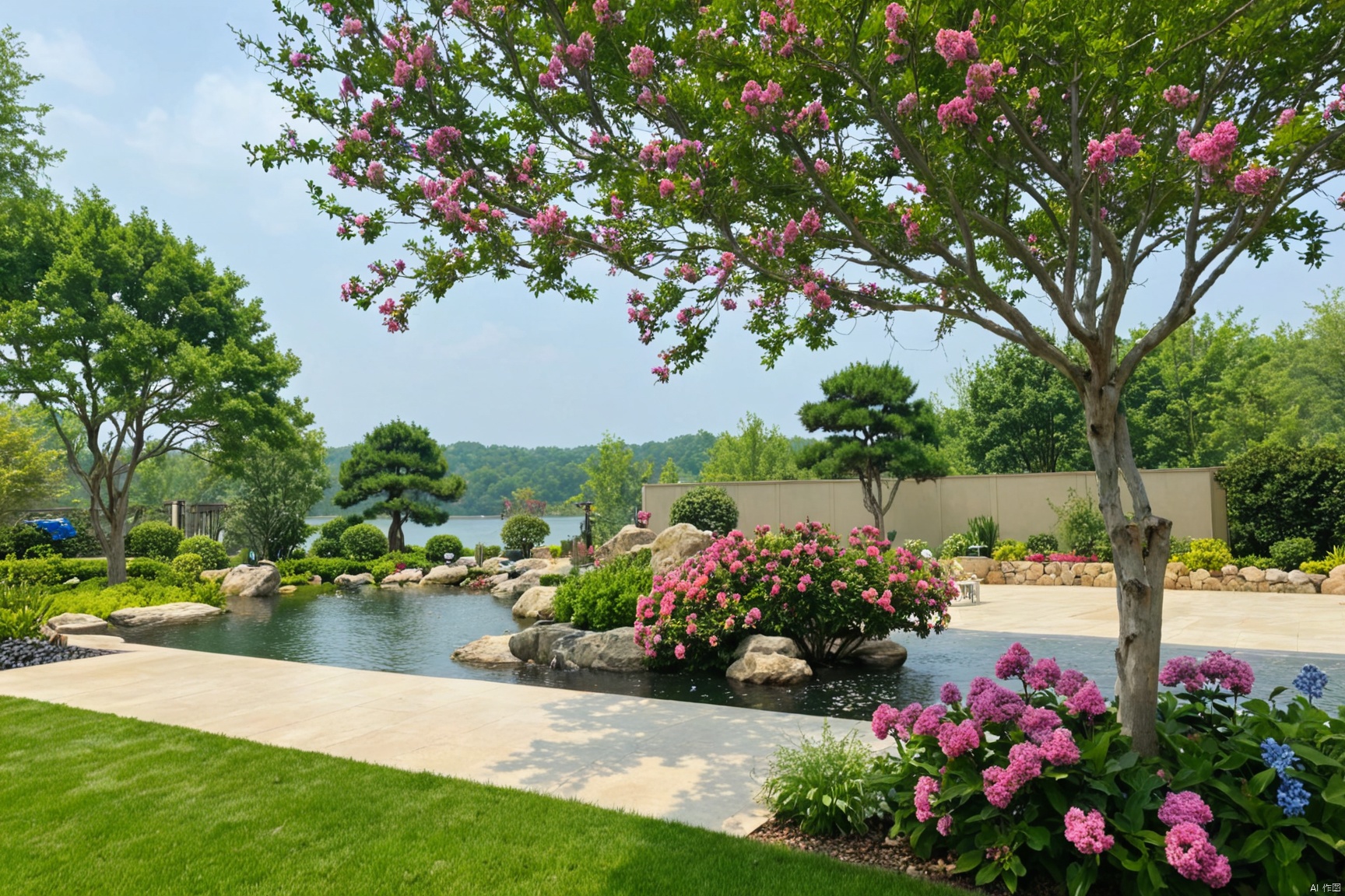 Peaceful outdoor scene in a modern garden setting: bright blue sky above, a tall crape myrtle tree standing proudly in the distance, flanked by lush greenery and vibrant flowers, natural style landscaping, suspended fish pond, flower boxes , pine tree, modern paving, tingbu