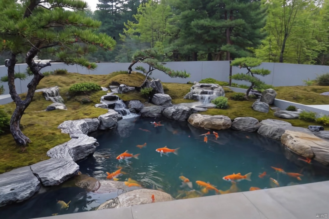  from the side, panoramic view of pond with goldfish swimming in it. The pond is surrounded by a series of gray rocks and has a small waterfall in the middle. Koi fish can be seen swimming in the water through the glass baffle, adding color to the scene. A man wearing a black T-shirt and white pants. The scene features pine trees, mountains, and clear blue skies in the background.