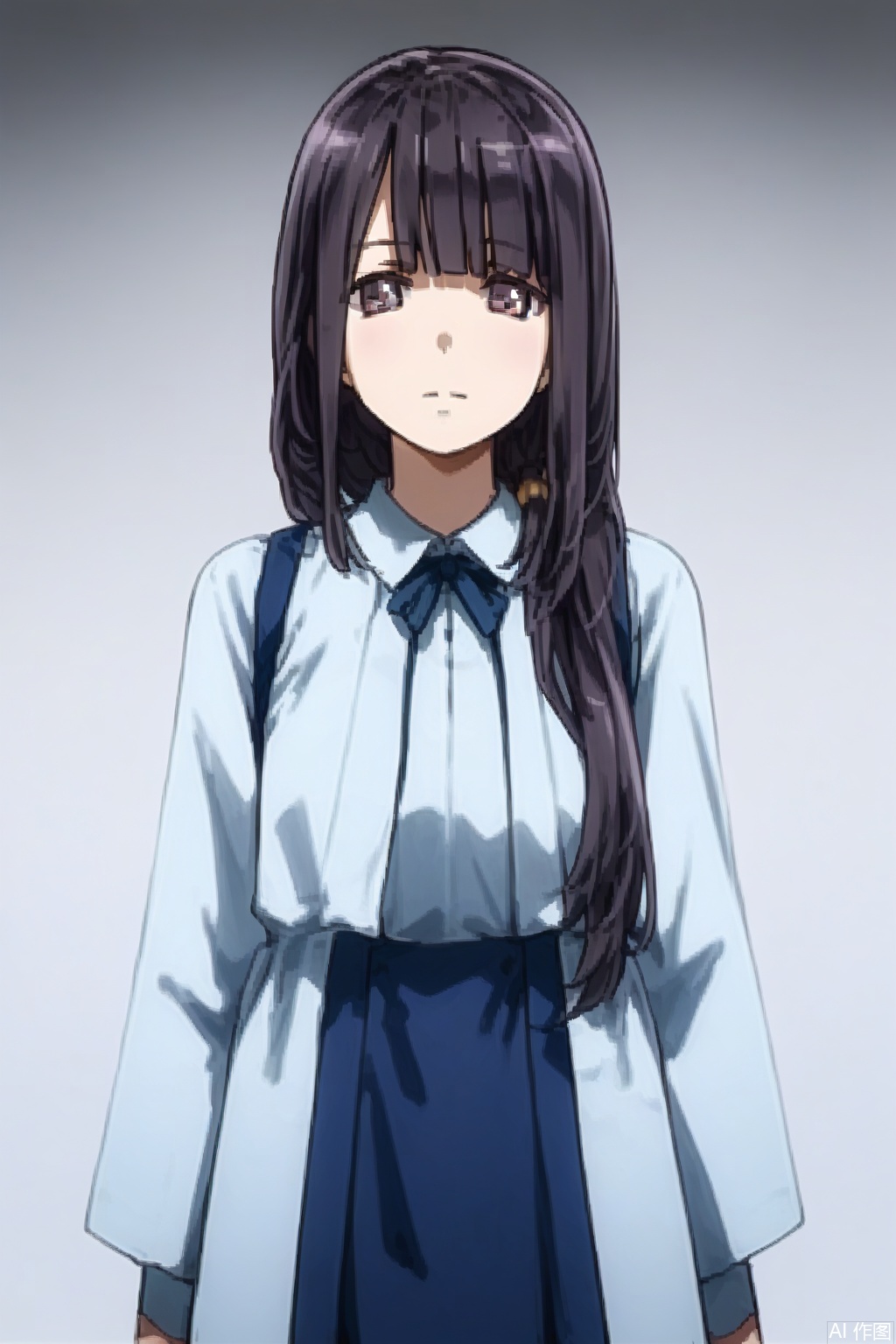 masterpiece, best quality,solo,((white background:1.2)),simple background,
looking at viewer,mori fumika, 1girl, solo, long hair, brown eyes, bangs, blunt bangs, black hair, purple eyes, hair over shoulder,Mori Fumika