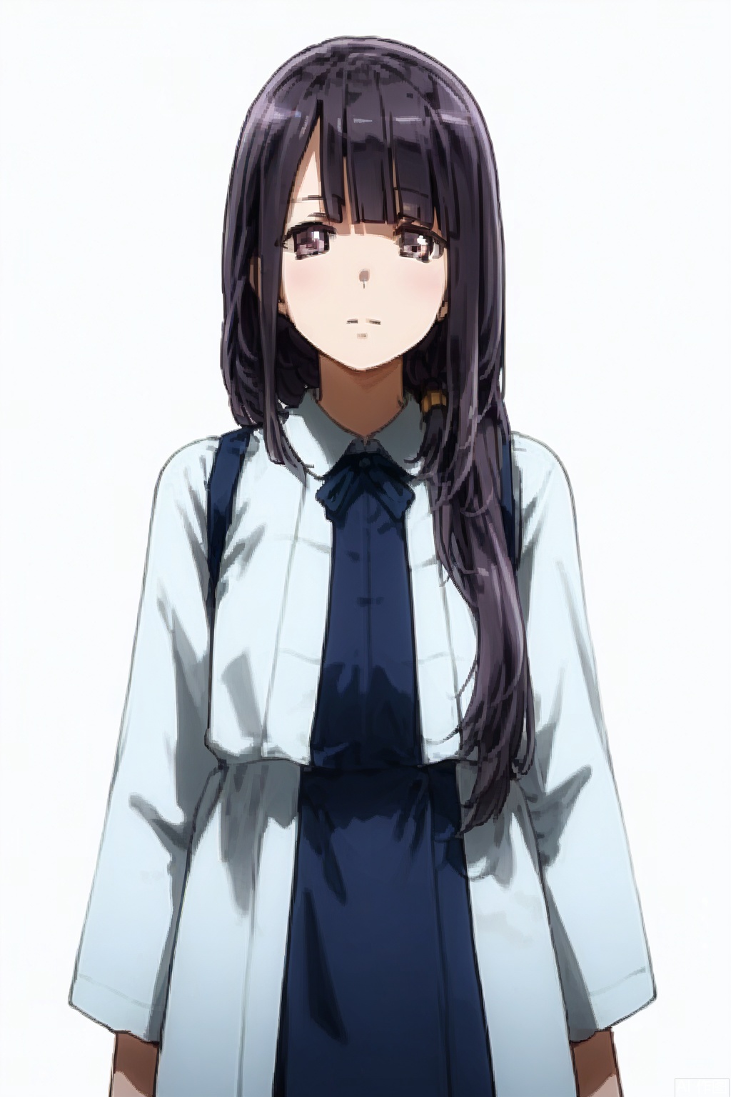 masterpiece, best quality,solo,((white background:1.2)),simple background,
looking at viewer,mori fumika, 1girl, solo, long hair, brown eyes, bangs, blunt bangs, black hair, purple eyes, hair over shoulder,Mori Fumika