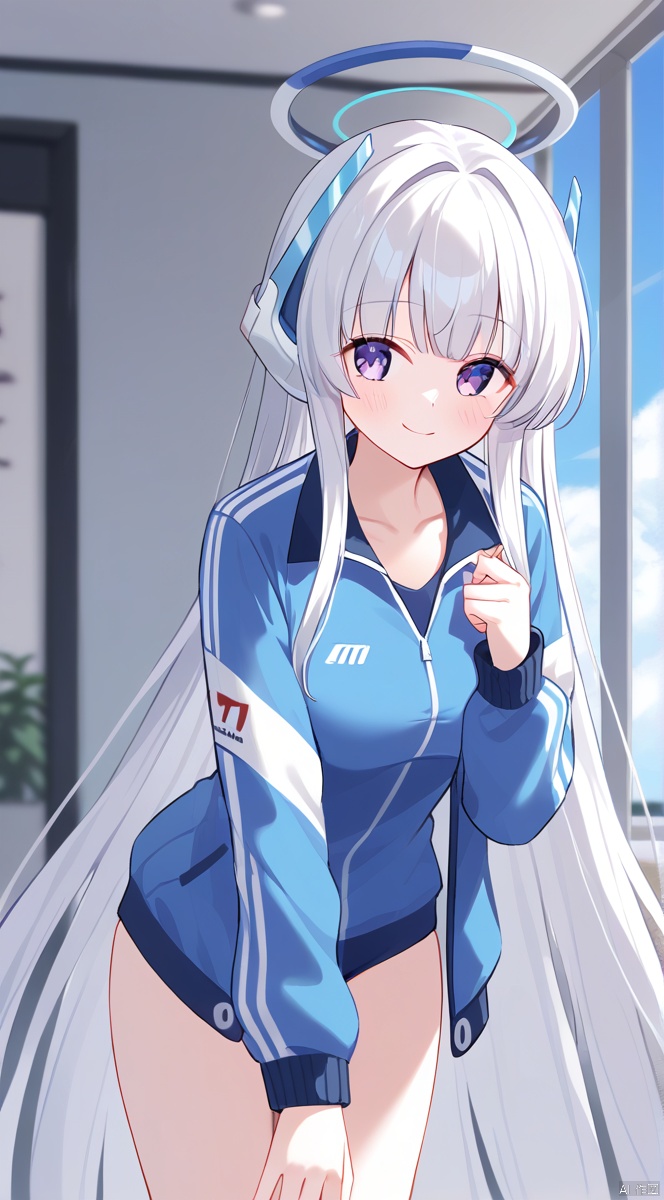  nai3, 1girl,solo,(masterpiece:1.3),( beautiful:1.2),(high quality:1.2),(finely detailed:1.2),extremely detailed CG unity 8k wallpaper,best quality,a very delicate and beautiful,perfect fingers,(one cute girl at the center:1.2), 1girl, solo, long hair, breasts, looking at viewer, blush, smile, bangs, long sleeves, medium breasts, very long hair, closed mouth, purple eyes, collarbone, jacket, white hair, sidelocks, sky, day, cloud, indoors, official alternate costume, blue sky, leaning forward, headphones, halo, blue jacket, track jacket, blue shirt, buruma,noaBA