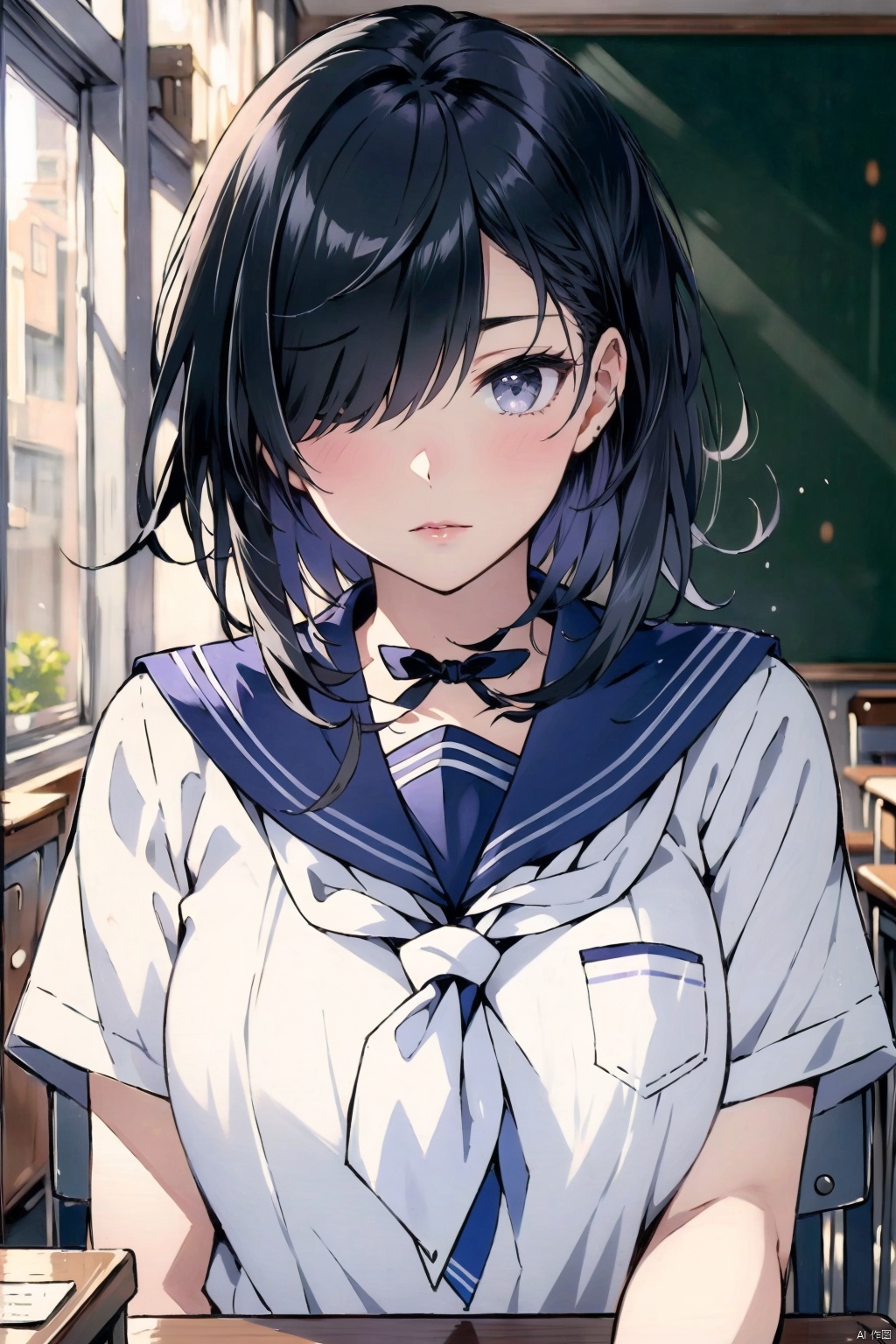 1girl, solo, breasts, looking at viewer, short hair, bangs, shirt, black hair, closed mouth, school uniform, white shirt, upper body, short sleeves, grey hair, serafuku, indoors, sailor collar, hair over one eye, lips, neckerchief, grey eyes, chair, desk, black sailor collar, classroom, chalkboard, purple neckerchief
