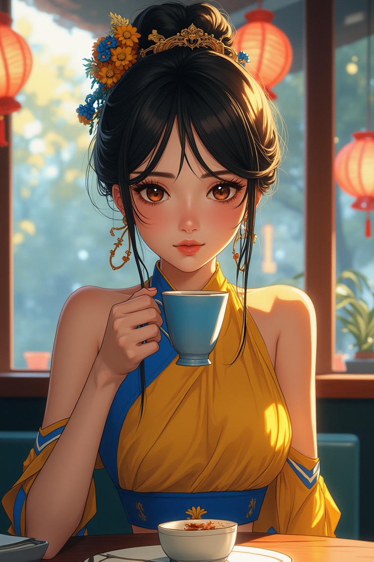 Anime of a beautiful Chinese girl drinking tea in a cafe.exquisite face,  elegant traditional dress in the style of modern...