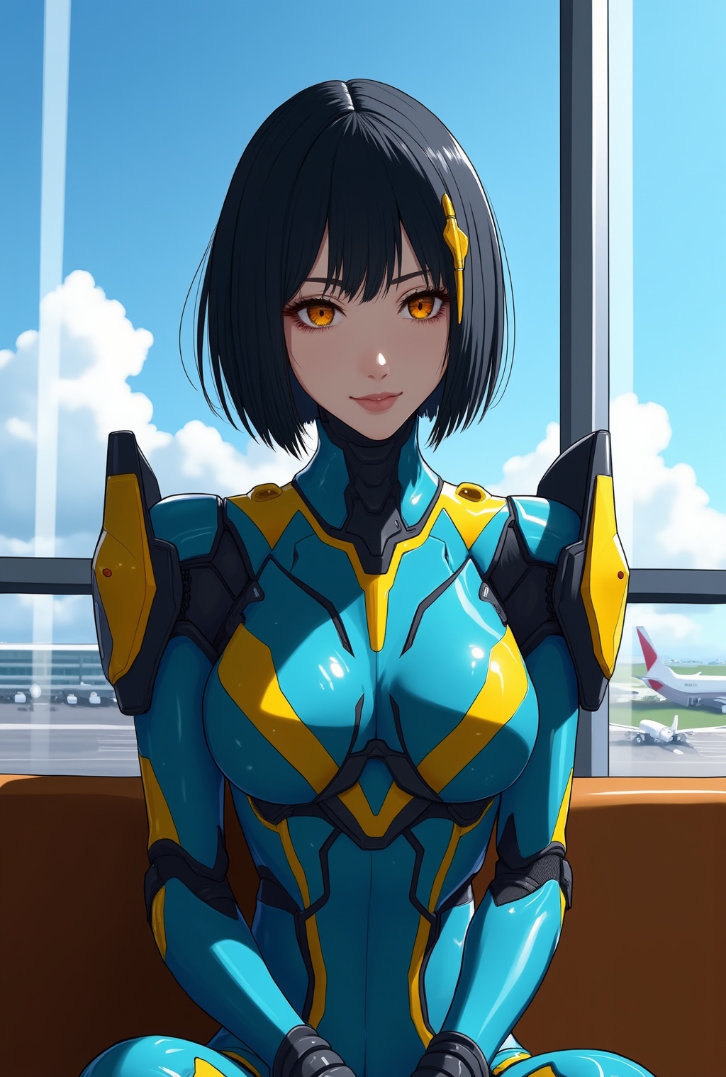 Anime of a beautiful cyborg girl sitting in the airport lobby,  detailed exquisite face,  Nobara Kugisaki on Tensor.Art