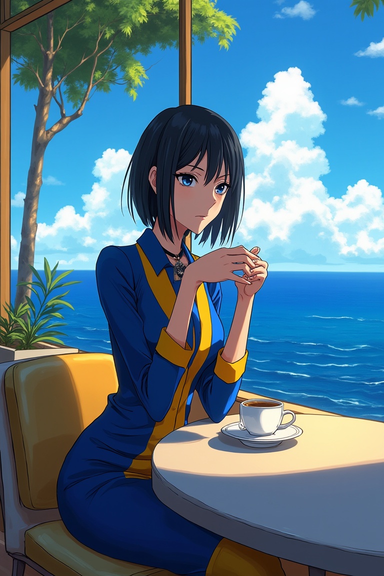Anime of Kuchiki Rukia drinking coffee in an oceanview cafe.exquisite face,  elegant dress in the style of modern fashion,...