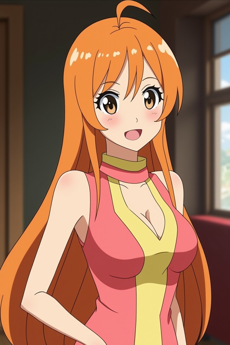 Anime of a girl standing and smiling.Inoue Orihime.her iconic long orange hair,  exquisite face,  large breasts on Tensor.Art