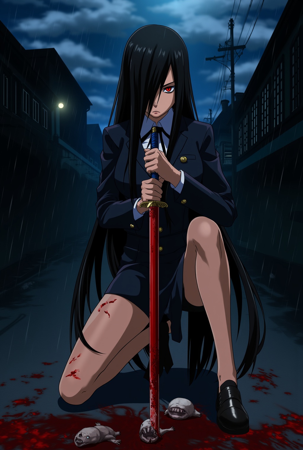 Anime of Vampire Slayer Saya,  long hair,  bang hiding one eye on Tensor.Art