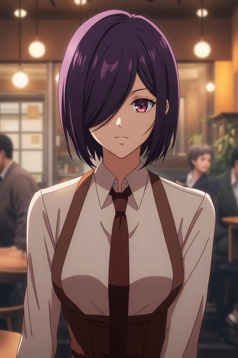 Anime of a girl serving in a cafe.Touka Kirishima.her iconic short violet bang hair hiding one eye,  exquisite face,  medi...