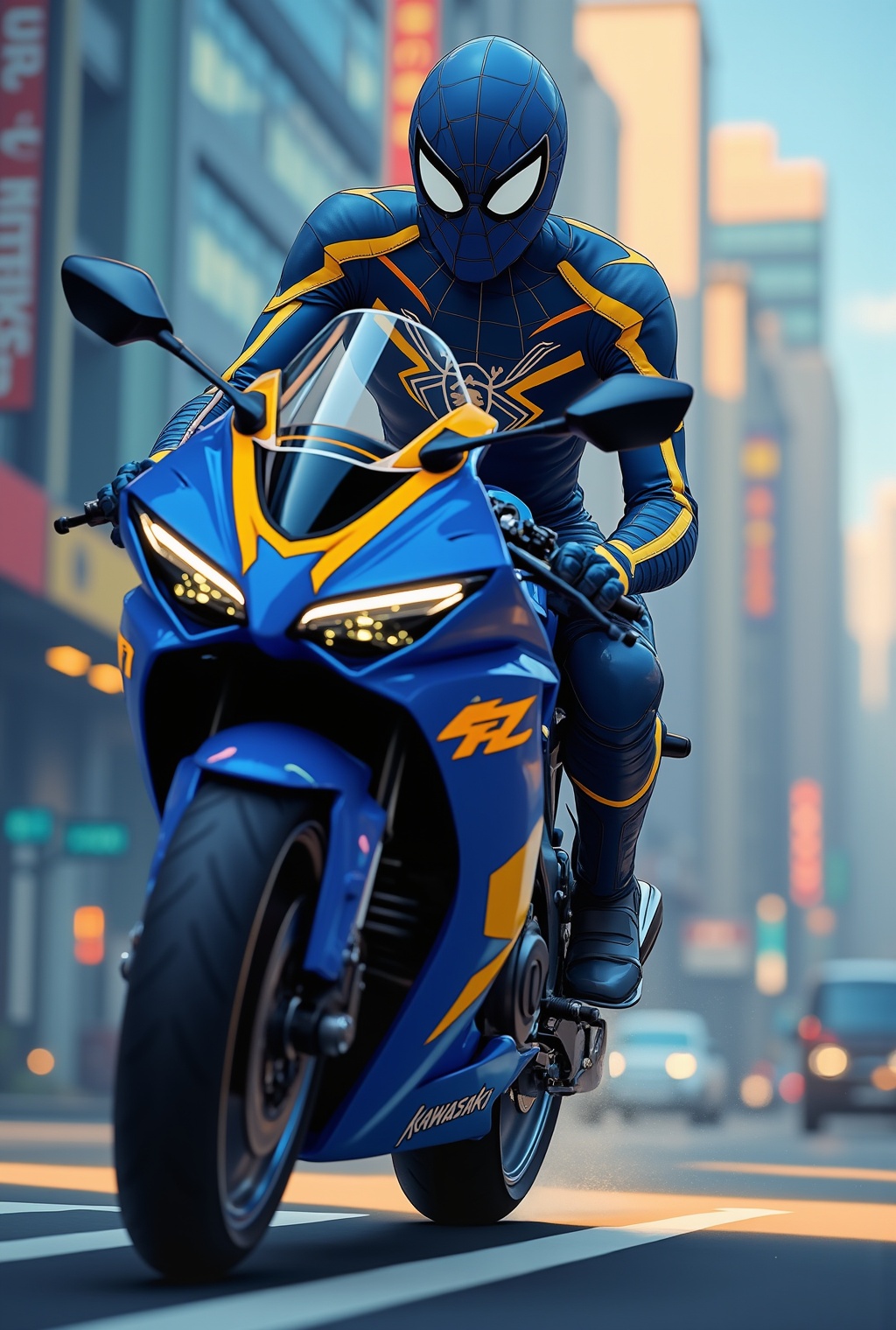 Anime of a spiderman riding a bike,  kawasaki ninja h2r,  (cobalt blue on Tensor.Art