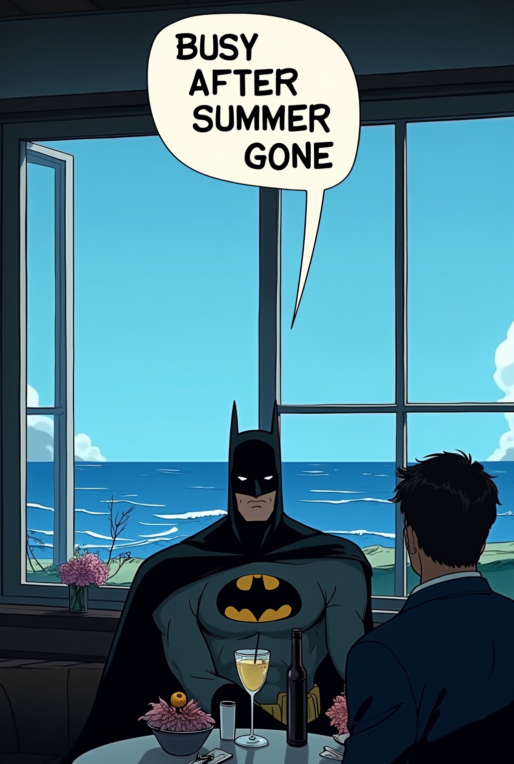 Anime of a batman in a cafe,  (big word bubble with bold font on top saying "busy after summer gone"),  backdrop of oceanv...
