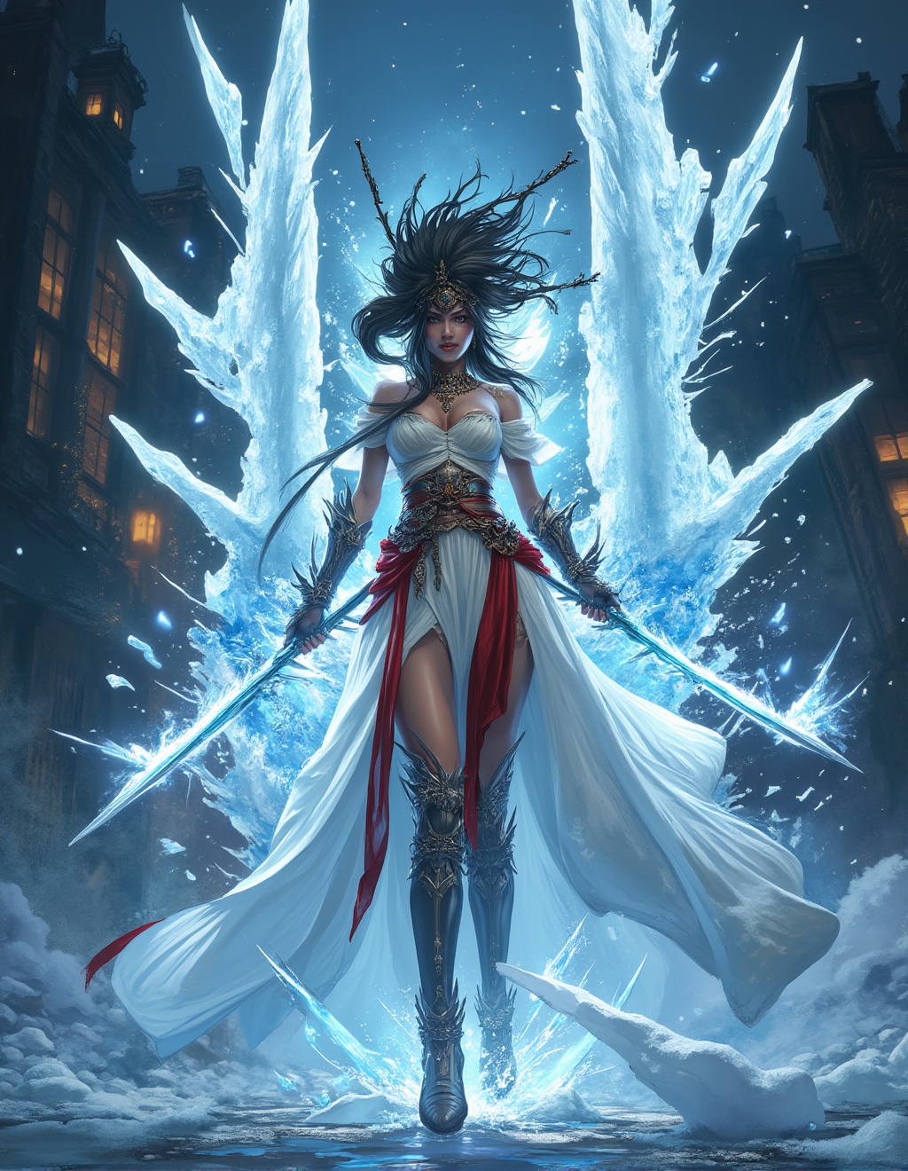 a beautiful ice sorceress \(ek_ges1ba\) attacking enemy with ice blasts,  detailed exquisite face,  ek_game_3ffect on Tens...