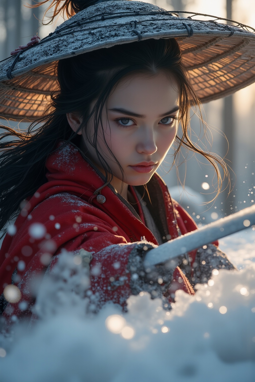 Create a dynamic close-up portrait of a samurai woman in a weathered,  broad sedge hat,  caught mid-action as she executes...