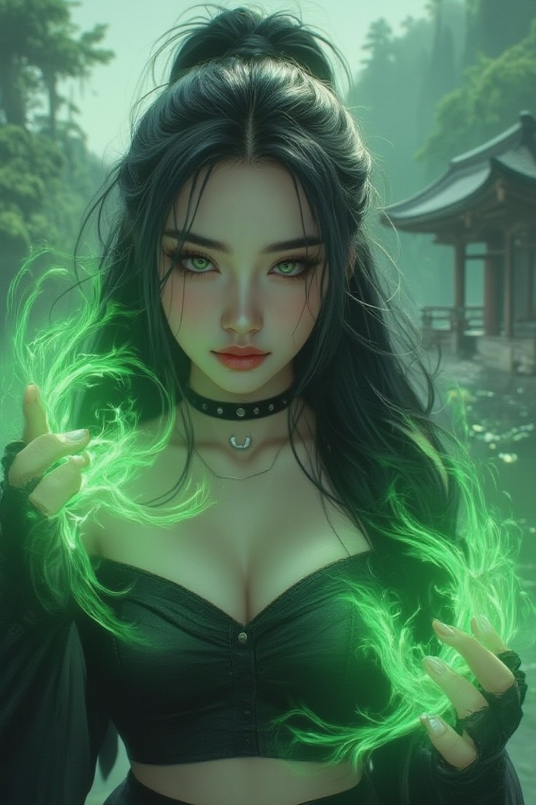 A detailed character portrait of Sheena Fujibayashi with long black hair,  wearing traditional Japanese off-shoulder cloth...