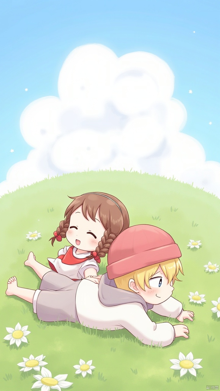 1girl,1boy,closed eyes,flower,sky,braid,twin braids,red bandana,smile,brown hair,dress,outdoors,lying,grass,child,cloud,female child,hat,male child,blush,red headwear,blue sky,on back,hood,hoodie,blonde hair,