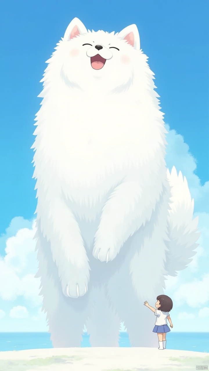 ,A white Samoyed dog with a huge head towers over the sky,with a blue background and white clouds floating in front. The dog has a smiling expression on its face. A little girl stands next to the samichon looking up at it with a big,happy smile. The style is reminiscent of anime,with high resolution digital art,high detail,a wide angle view,bright colors,and a fantastic,dreamy atmosphere evoking a fantasy world.,