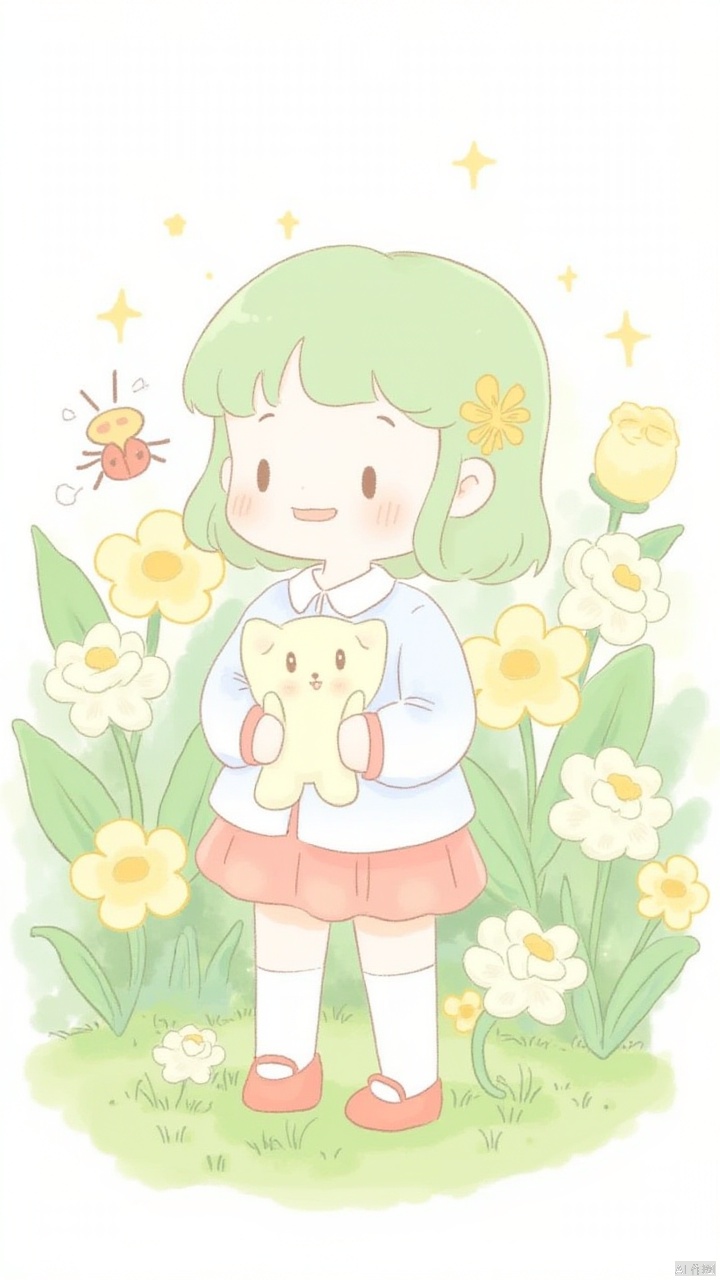 tongxin,flower,solo,smile,bug,1girl,green hair,red footwear,white backgroun,blush,child,shirt,standing,animal,long sleeves,
