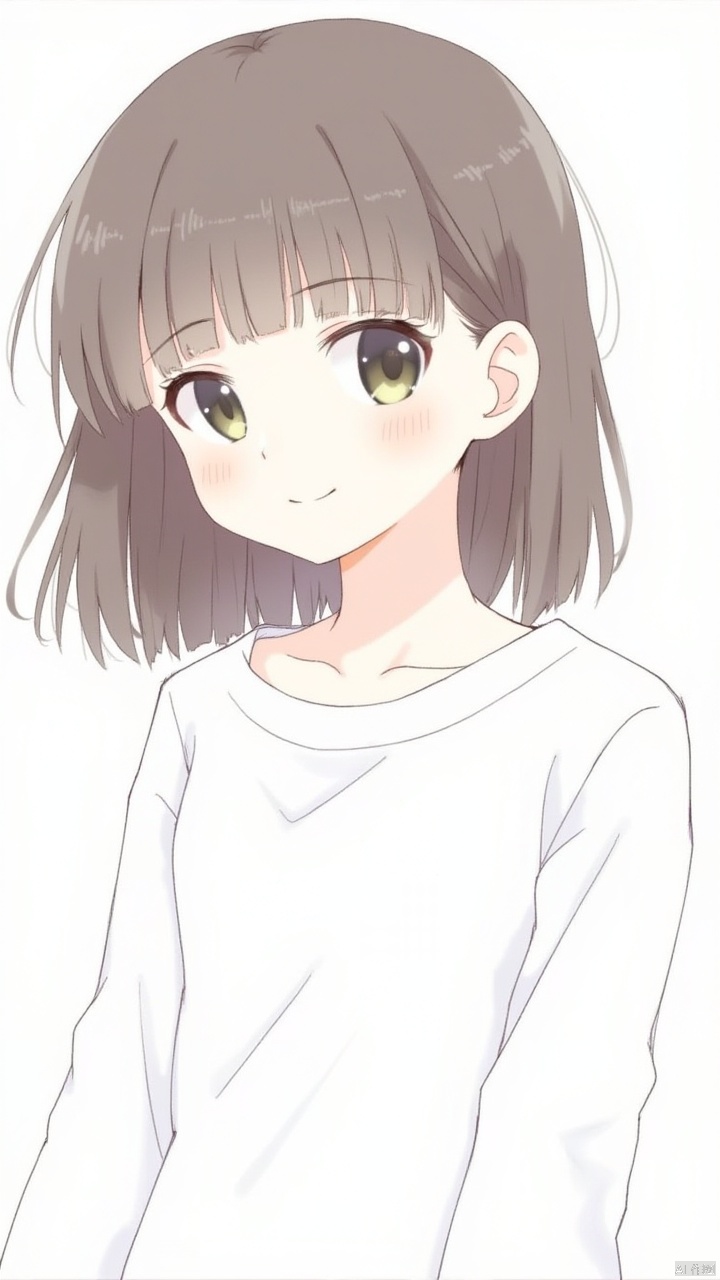masterpiece,best quality,Thick strokes,1girl,solo,smile,upper body,bangs,looking at viewer,shirt,white shirt,medium hair,simple background,