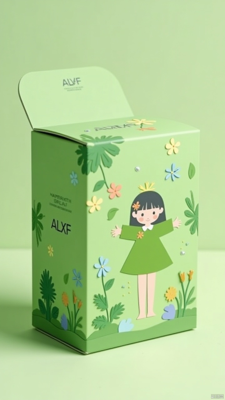A box with the logo 'ALXF',Package design,The packaging material is paper,Cartoon style,green,girl,flower,paper cutting,illustration,HD,8k,high details,