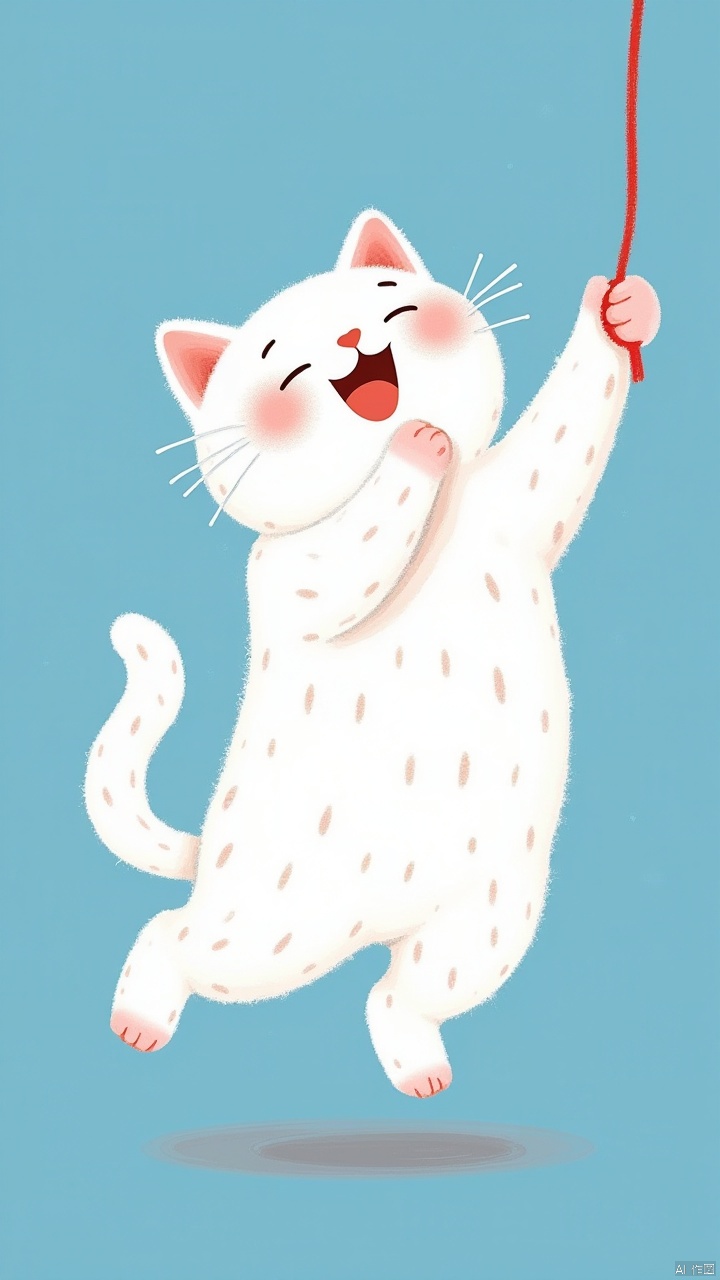 ,white cute cat being picked up by the scruff on a blue background,in the style of whimsical children's book illustrator,light magenta and red,animated gifs,dotted,furry art,blink-and-you-miss-it detail,satirical illustrations,