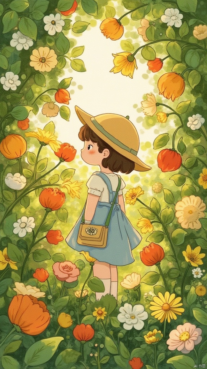 1girl,colorful blooms in a shady flower garden,in the style of rich tonal palette,delicate markings,sunrays shine upon it,beatrix potter,softly luminous