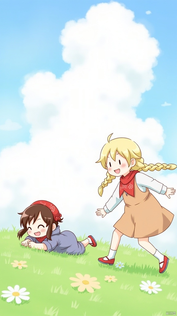 1girl,1boy,closed eyes,flower,sky,braid,twin braids,red bandana,smile,brown hair,dress,outdoors,lying,grass,child,cloud,female child,hat,male child,blush,red headwear,blue sky,on back,hood,hoodie,blonde hair,