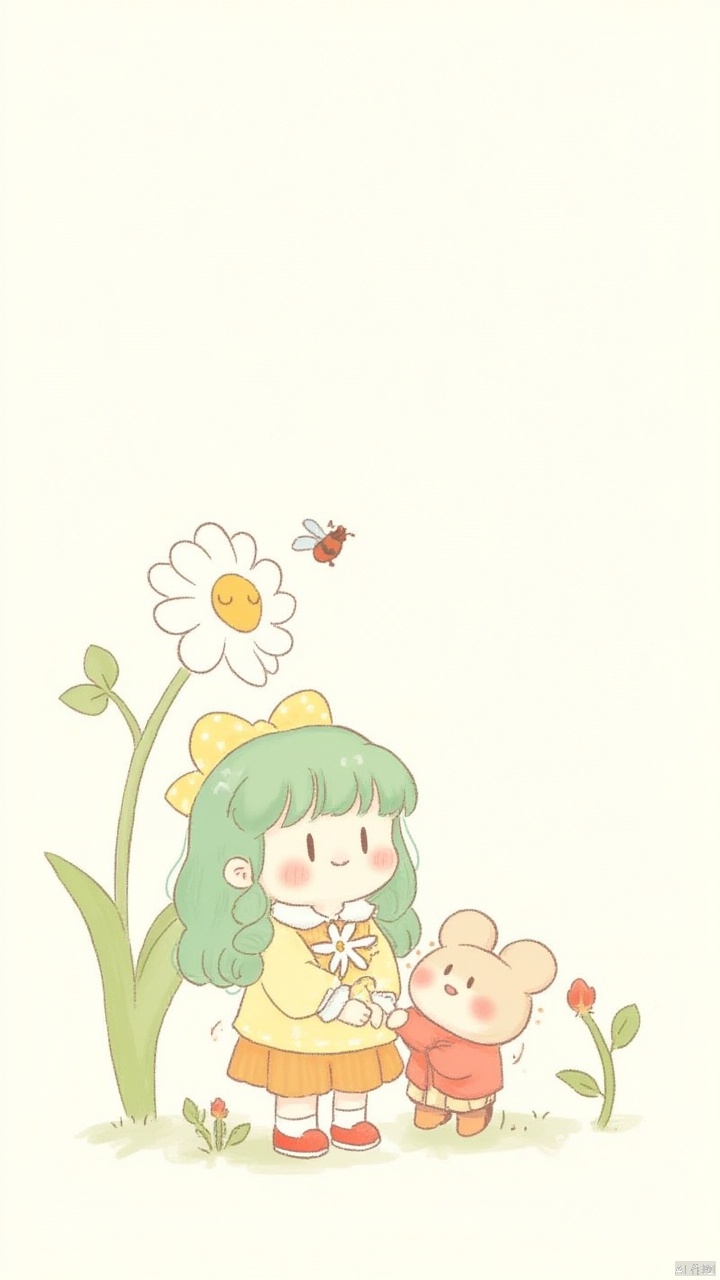 tongxin,flower,solo,smile,bug,1girl,green hair,red footwear,white backgroun,blush,child,shirt,standing,animal,long sleeves,