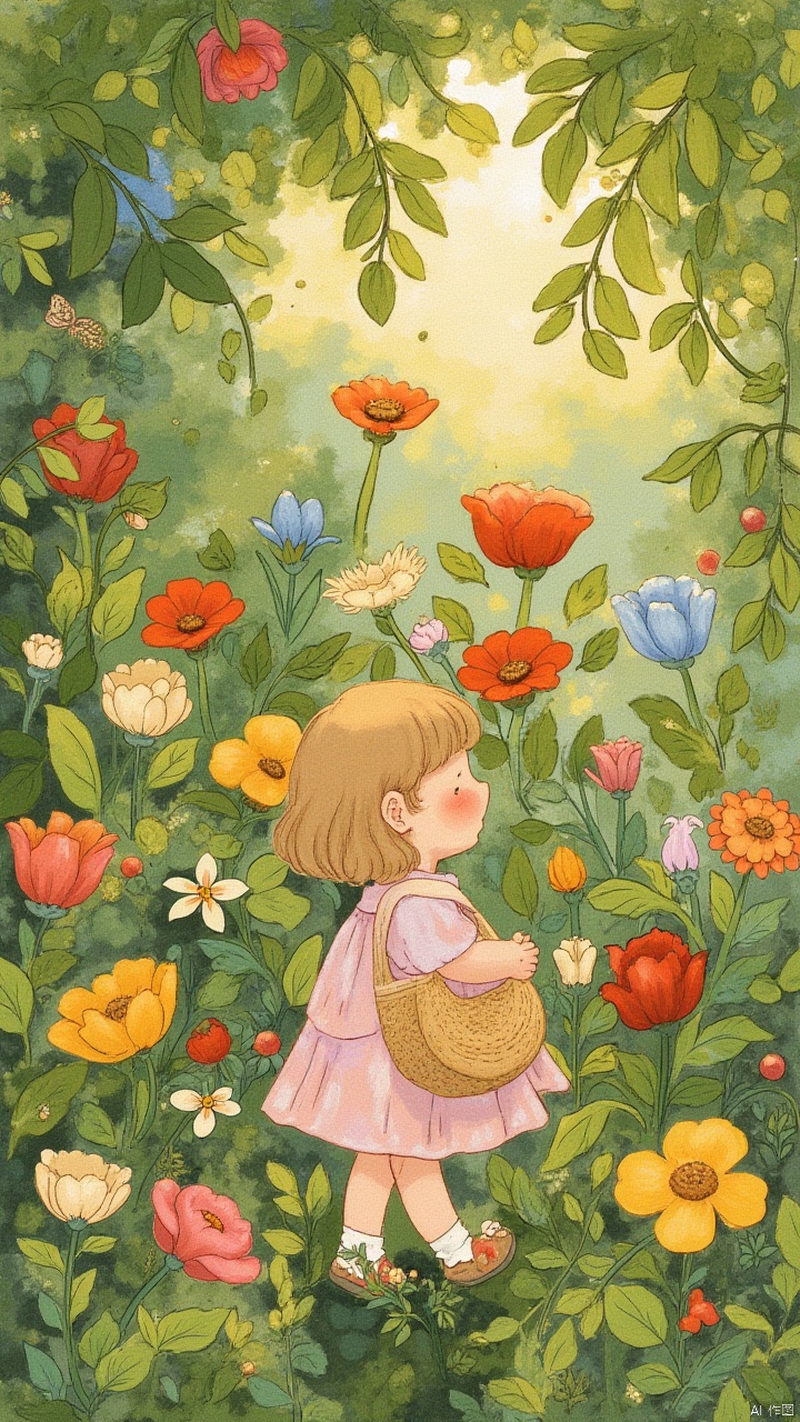 1girl,colorful blooms in a shady flower garden,in the style of rich tonal palette,delicate markings,sunrays shine upon it,beatrix potter,softly luminous