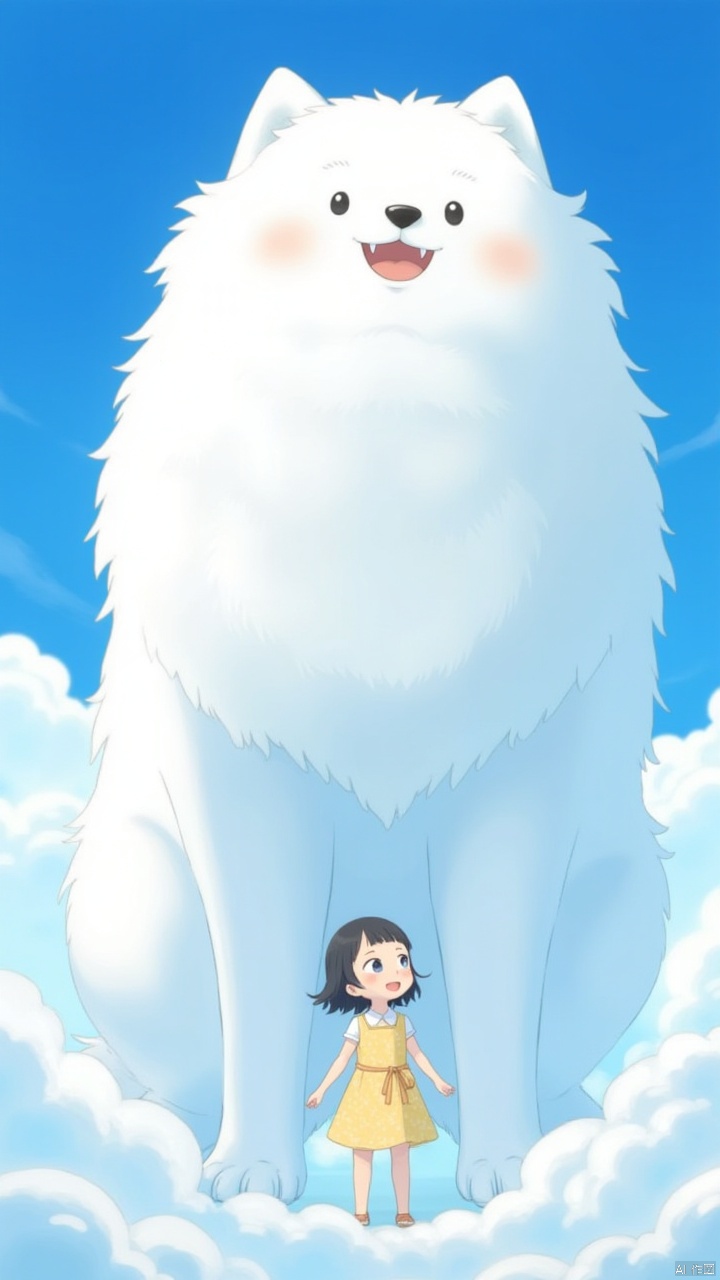 ,A white Samoyed dog with a huge head towers over the sky,with a blue background and white clouds floating in front. The dog has a smiling expression on its face. A little girl stands next to the samichon looking up at it with a big,happy smile. The style is reminiscent of anime,with high resolution digital art,high detail,a wide angle view,bright colors,and a fantastic,dreamy atmosphere evoking a fantasy world.,