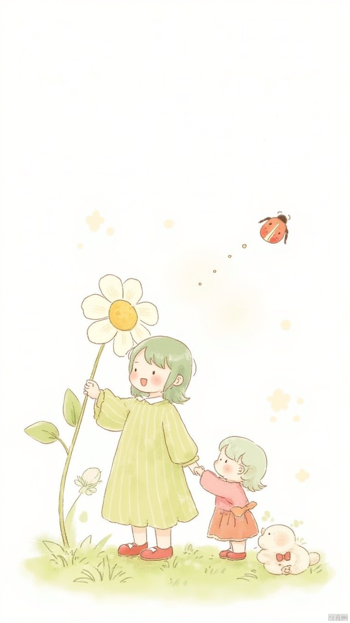 tongxin,flower,solo,smile,bug,1girl,green hair,red footwear,white backgroun,blush,child,shirt,standing,animal,long sleeves,