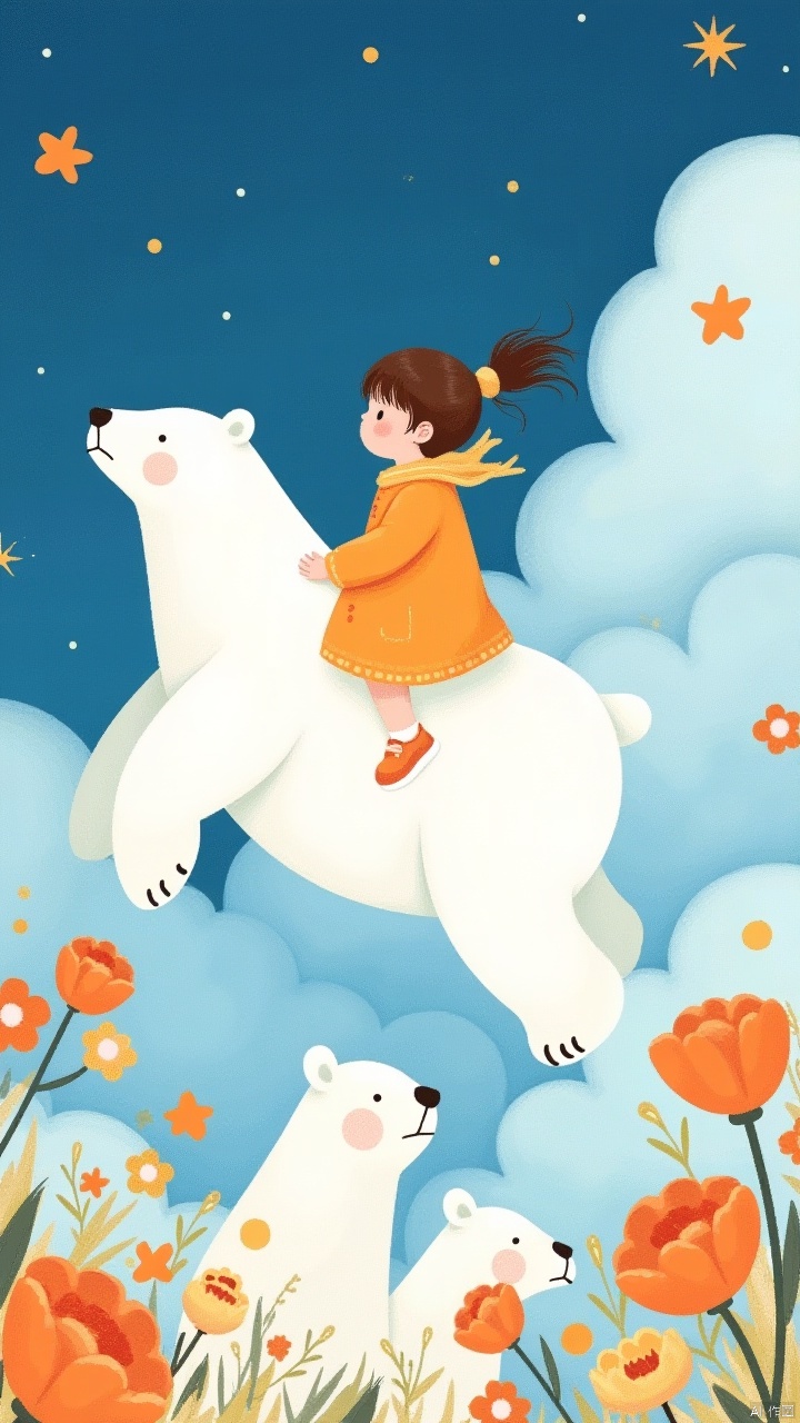 A little girl is flying on the back of an ice bear,surrounded by flowers and clouds in the blue sky at night,The polar bears surround her with their heads raised high,creating an oil painting illustration in the style of. It features orange accents against white backgrounds,showcasing charming characters. They wear light and create dreamy scenes,