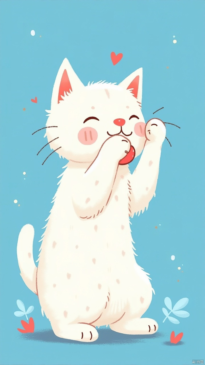 ,white cute cat being picked up by the scruff on a blue background,in the style of whimsical children's book illustrator,light magenta and red,animated gifs,dotted,furry art,blink-and-you-miss-it detail,satirical illustrations,