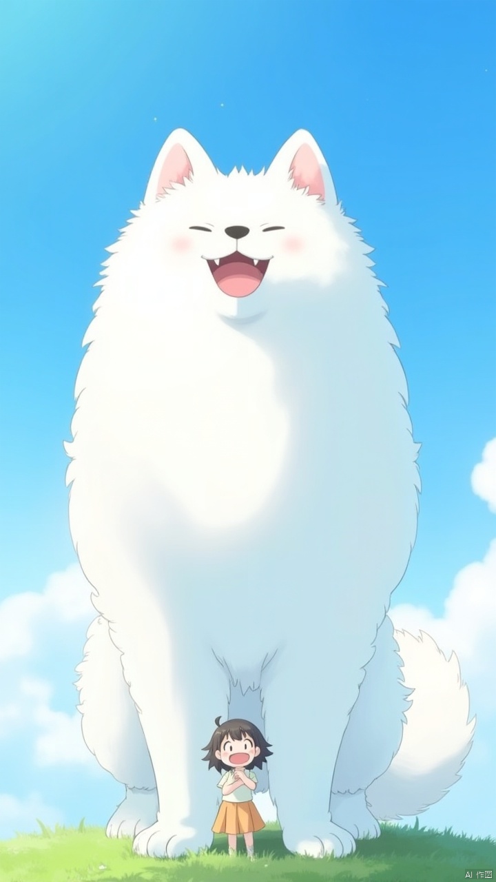 ,A white Samoyed dog with a huge head towers over the sky,with a blue background and white clouds floating in front. The dog has a smiling expression on its face. A little girl stands next to the samichon looking up at it with a big,happy smile. The style is reminiscent of anime,with high resolution digital art,high detail,a wide angle view,bright colors,and a fantastic,dreamy atmosphere evoking a fantasy world.,