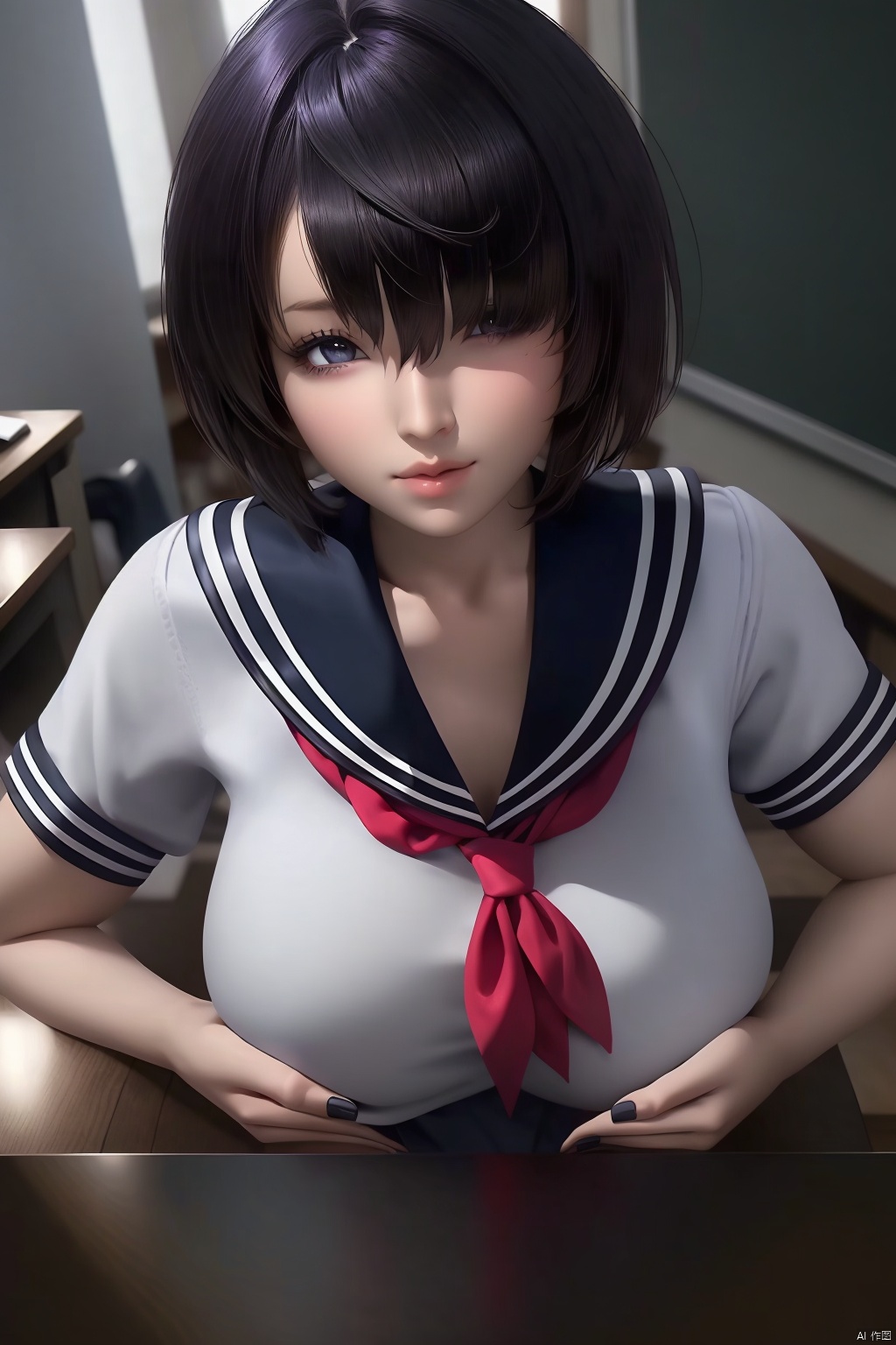 1girl, solo, breasts, looking at viewer, short hair, bangs, shirt, black hair, closed mouth, school uniform, white shirt,  short sleeves, grey hair, serafuku, indoors, sailor collar, hair over one eye, lips, neckerchief, grey eyes, chair, desk, black sailor collar, classroom, chalkboard, purple neckerchief
