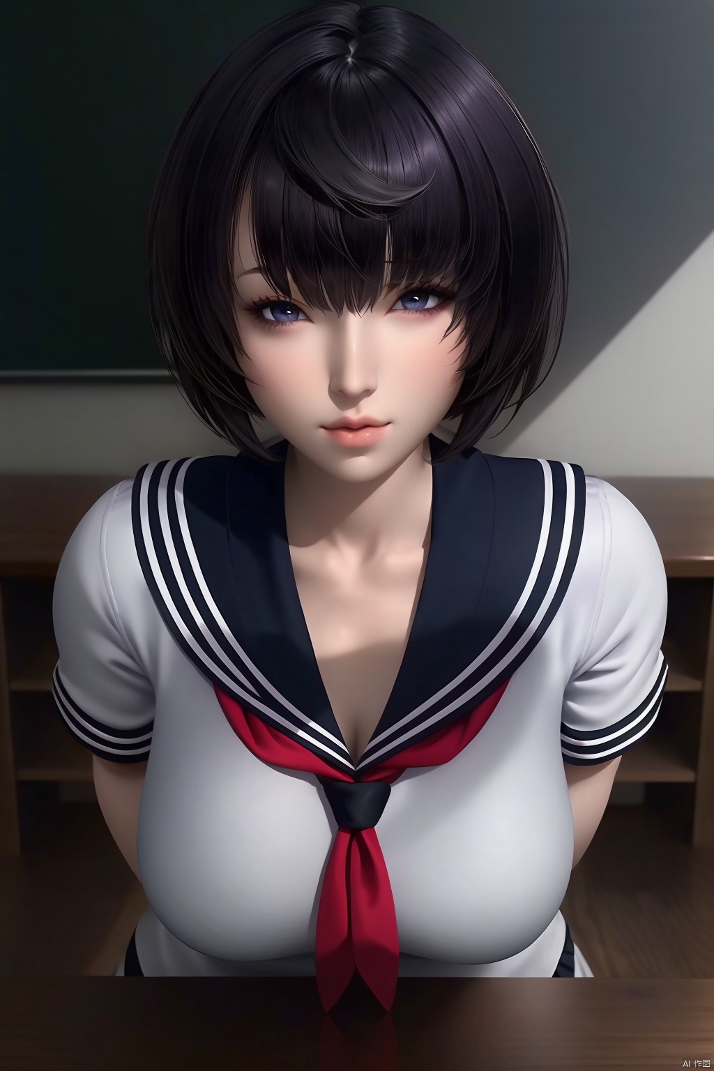 1girl, solo, breasts, looking at viewer, short hair, bangs, shirt, black hair, closed mouth, school uniform, white shirt,  short sleeves, grey hair, serafuku, indoors, sailor collar, hair over one eye, lips, neckerchief, grey eyes, chair, desk, black sailor collar, classroom, chalkboard, purple neckerchief

