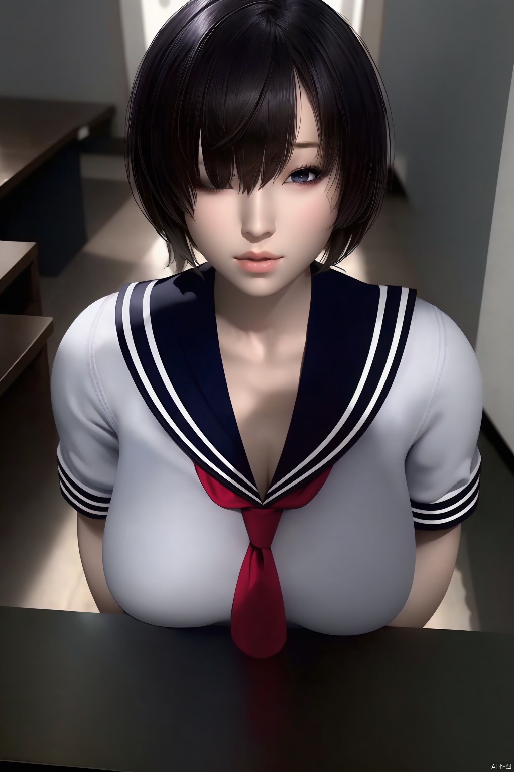 1girl, solo, breasts, looking at viewer, short hair, bangs, shirt, black hair, closed mouth, school uniform, white shirt,  short sleeves, grey hair, serafuku, indoors, sailor collar, hair over one eye, lips, neckerchief, grey eyes, chair, desk, black sailor collar, classroom, chalkboard, purple neckerchief
