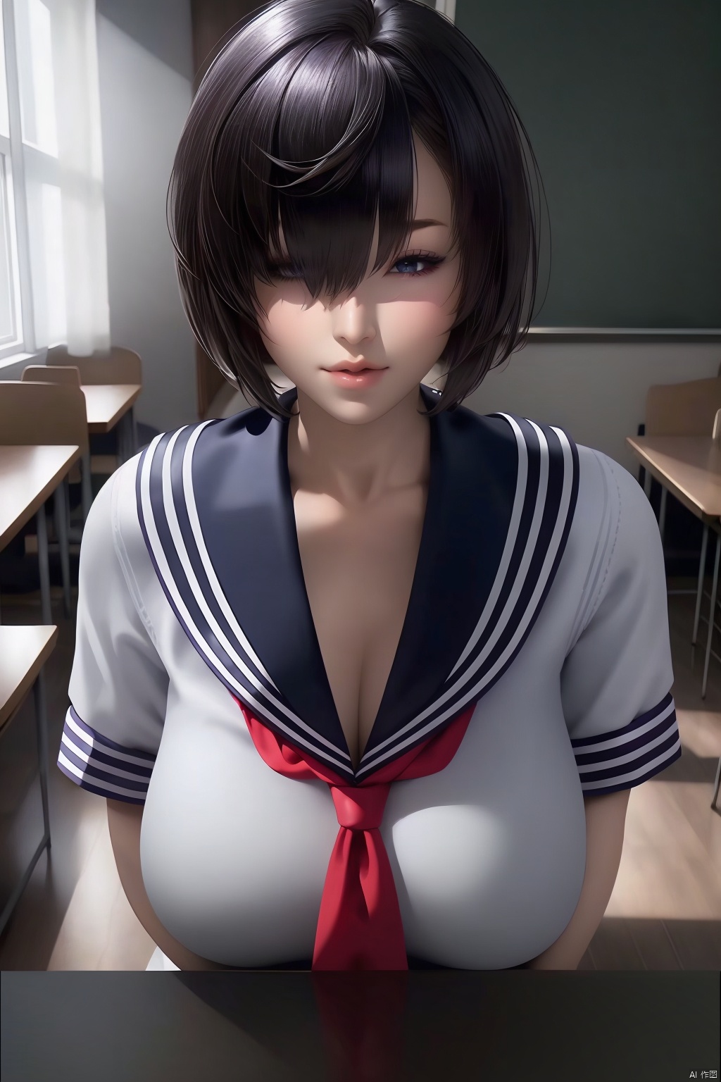 
1girl, solo, breasts, looking at viewer, short hair, bangs, shirt, black hair, closed mouth, school uniform, white shirt, upper body, short sleeves, grey hair, serafuku, indoors, sailor collar, hair over one eye, lips, neckerchief, grey eyes, chair, desk, black sailor collar, classroom, chalkboard, purple neckerchief
