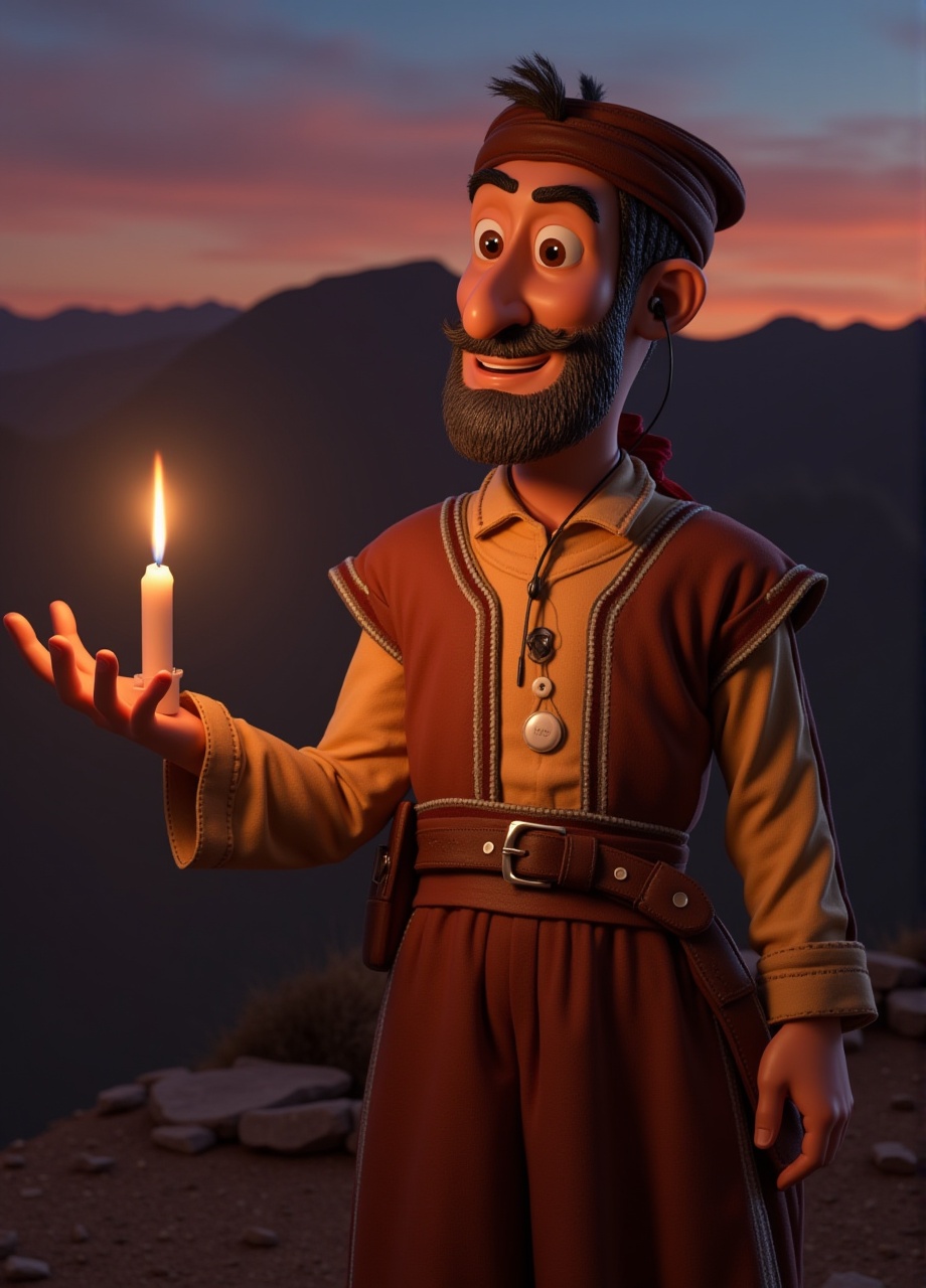 designed by Dan Mumford and Artgerm, concept art, fairy tale, Kindhearted Bewitching (Woody from Toy Story:1.2) , he is wearing a djellaba, It is Shabby, Headband, Earbuds, Srebrna Góra in background, award winning, at Sunset, trending on CGSociety, Sci-Fi, Post-Impressionism, Candle light, wallpaper, 4K, , traditional outfit,DRR-JLB