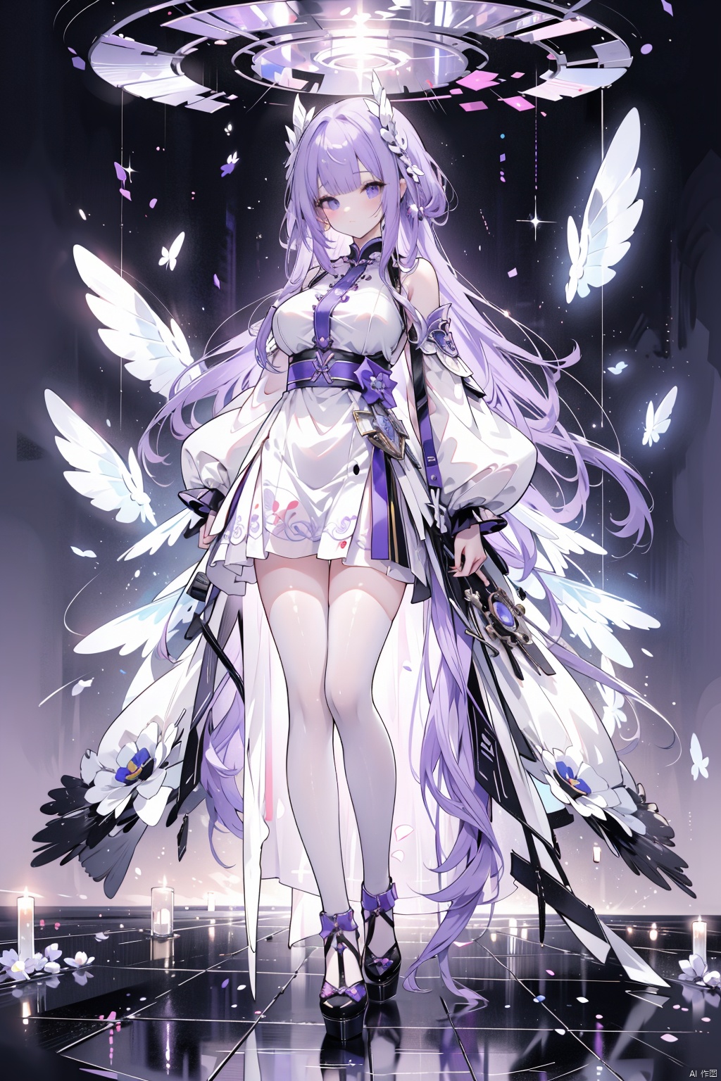 8k, Surreal, masterpiece, best quality, Super detailed, high resolution, random background, 1個Giant Breast Girl, (:1.5), Willow Yao, white dress,translucent,whole body,High heel白色透明婚纱,High heel,whole body,purple hair,light mine