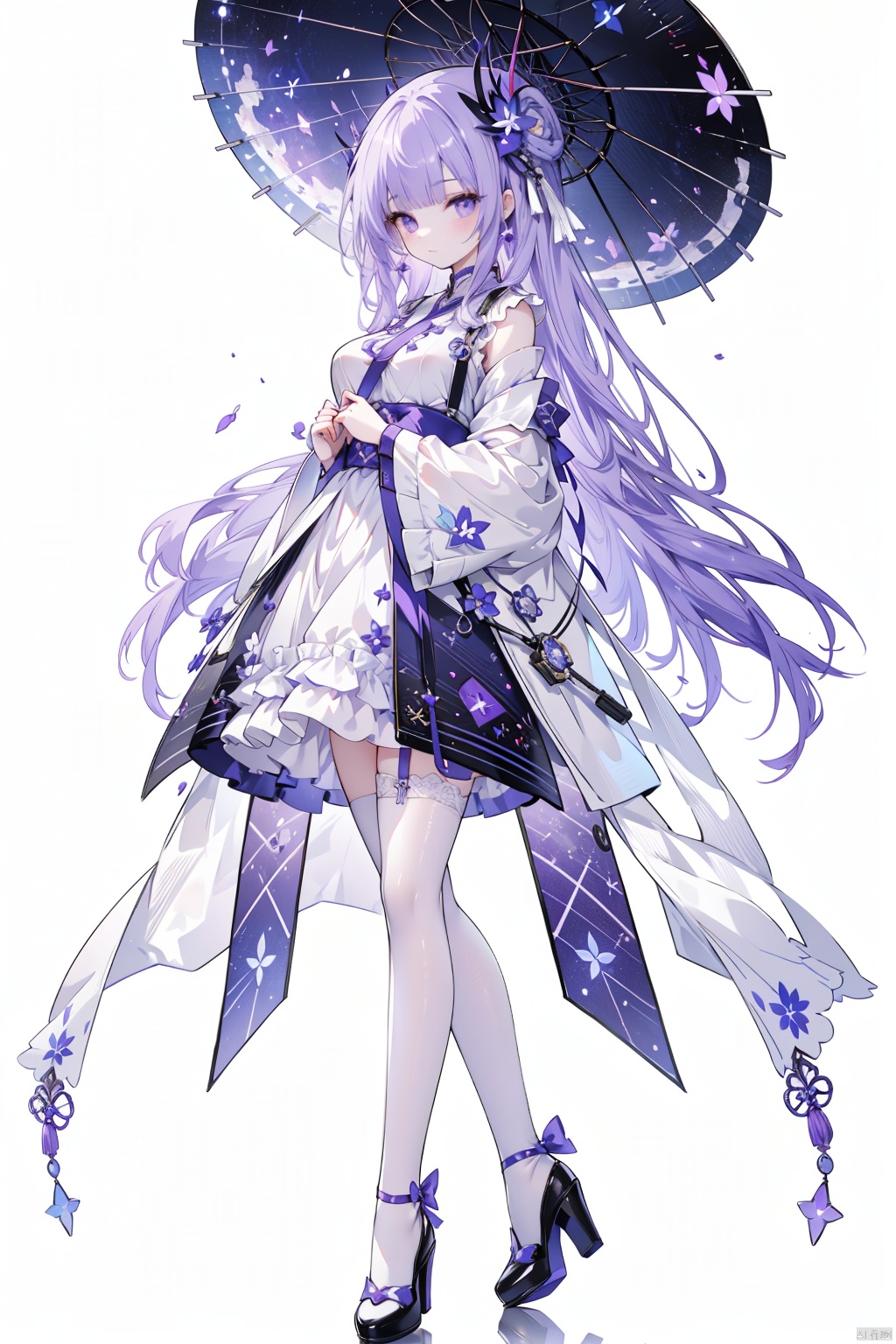 8k, Surreal, masterpiece, best quality, Super detailed, high resolution, random background, 1個Giant Breast Girl, (:1.5), Willow Yao, white dress,translucent,whole body,High heel白色透明婚纱,High heel,whole body,purple hair,light mine
