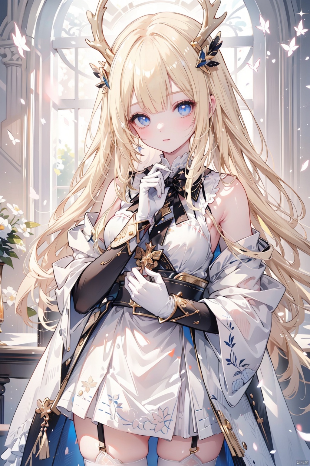 ((Very detailed CG)),1girll,Masterpiece,exquisiteCGrendering,(High detail skin:1),Smooth skin,Super high resolution,Sparkling eyes,Perfect body,Feminine body,Refined facial features,mitts, White_mitts, dress, White_legwear, Solo,  Blonde_Hair,deer antlers