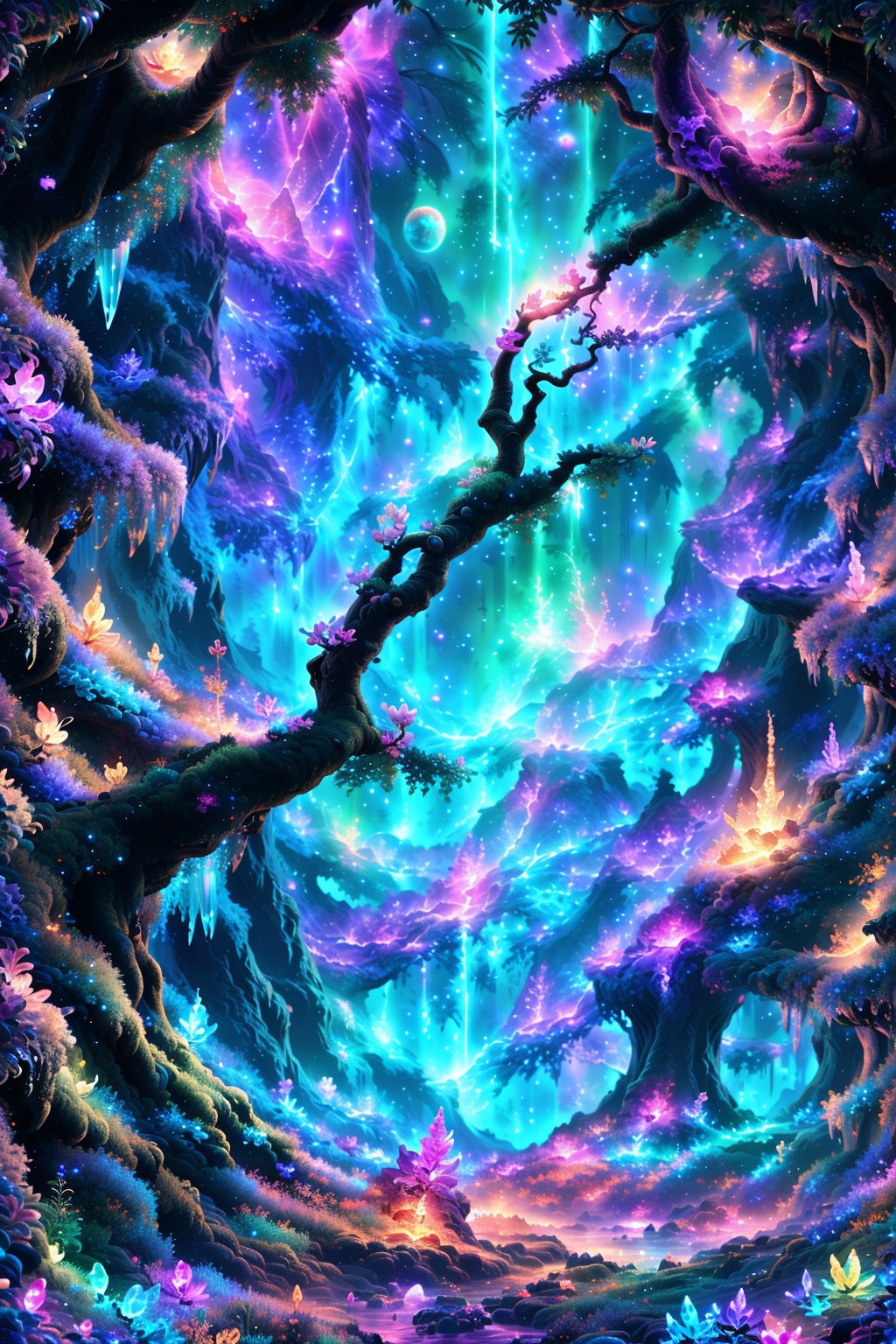 Craft a mysterious,  colorful space scene with a wide-angle view of a distant galaxy,  filled with swirling nebulae in vib...