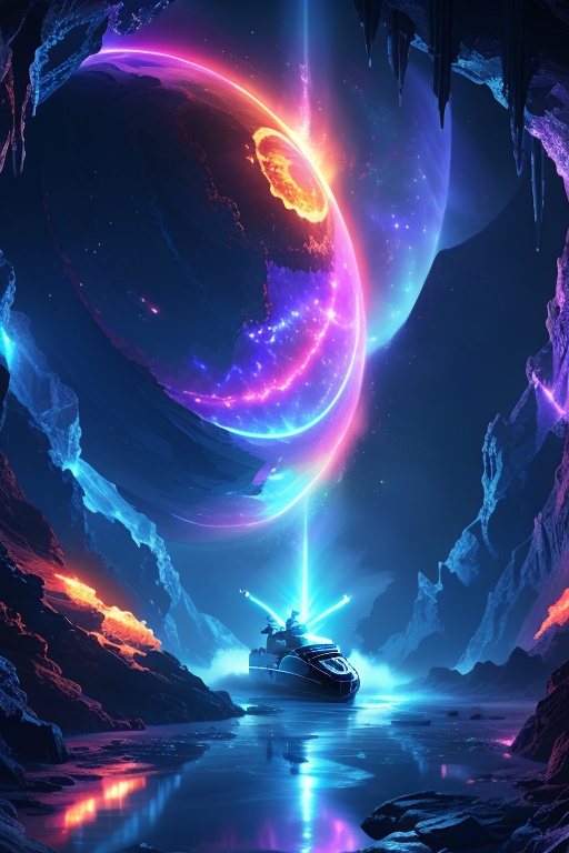 Envision a sci-fi infused cosmic scene featuring a futuristic,  neon-lit space station orbiting a dynamic,  high-contrast...