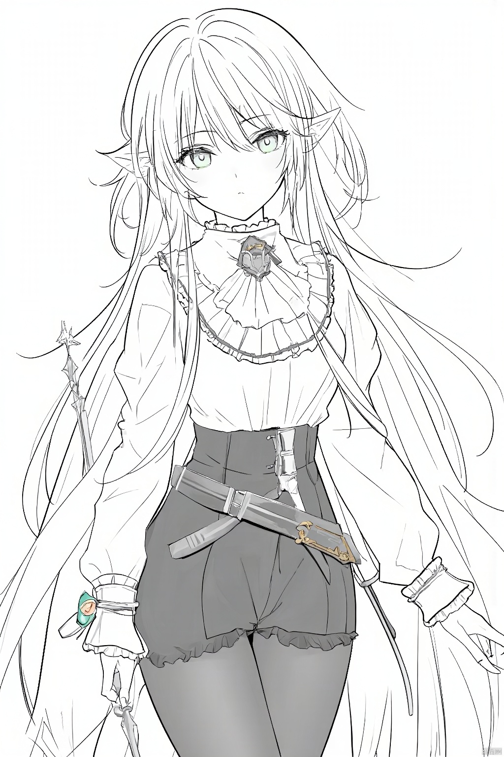 1girl, solo, long hair, breasts, looking at viewer, bangs, shirt, long sleeves, holding, jewelry, medium breasts, closed mouth, green eyes, standing, monochrome, white shirt, white hair, pantyhose, cowboy shot, frills, pointy ears, puffy sleeves, belt, pants, cape, ascot, black pants, brooch, elf, spot color, center frills, baton \(conducting\),anime