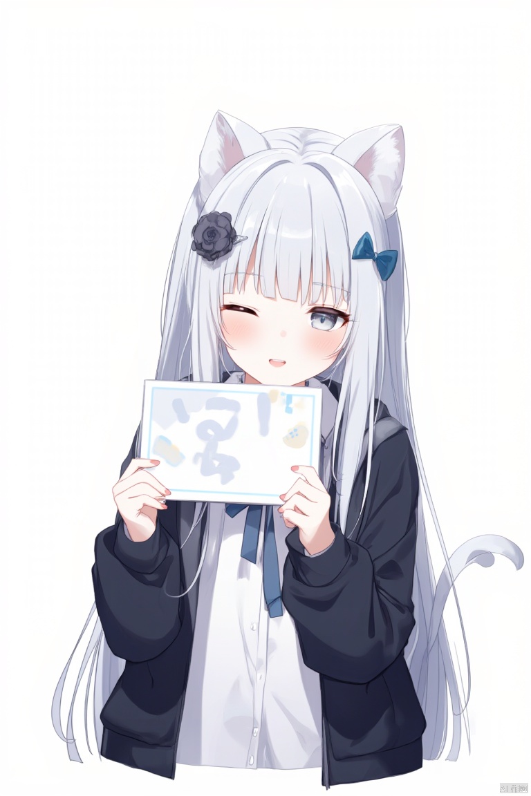 nachoneko \(amashiro natsuki\),amashiro natsuki sytle,the pupil looks like a cat's claw,cat eyed pupil,nachoneko \(amashiro natsuki\), a single girl with sleeves extending past her wrists, faces the viewer. she sports animal ears and closed eyes, donning a white shirt against a white backdrop. her grey hair is adorned with a cat ear headband, and she smiles while holding a bow, exhibiting blush stickers and a hair ornament. wearing a hood that's down, she also has a blue bow in her long hair. clad in a black jacket over a collared shirt, the setting features a simple background. she holds up a sign, her hair parted between her eyes, secured by a hairclip. with long sleeves reaching past her fingers, her mouth is open, and the image focuses on her upper body. a sense of playfulness is captured in her ":d" expression, emphasized by the sign she's holding, and her hooded jacket rests open, revealing a hint of blush. whiskers accentuate her cat-like appearance, and her clothes are slightly open, adding to the casual charm.,anime