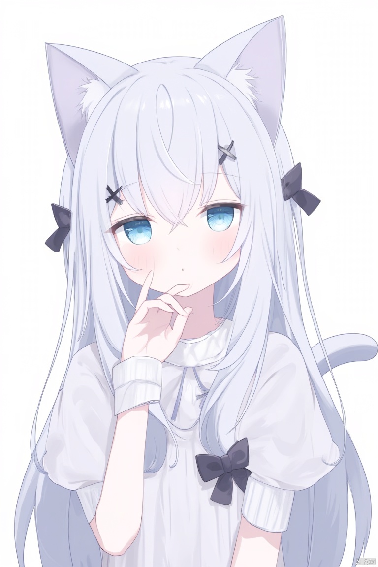 anime,1girl,solo,animal ears,cat ears,tail,blue eyes,puffy sleeves,cat tail,puffy short sleeves,short sleeves,long hair,hair between eyes,hair ornament,wrist cuffs,grey hair,cat girl,bangs,hand up,bow,blush,bare shoulders,very long hair,looking at viewer,animal ear fluff,x hair ornament,black bow,detached
